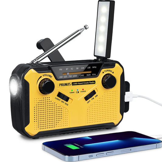 Radio de emergencia: AM/FM, solar, manivela, USB, linterna, SOS