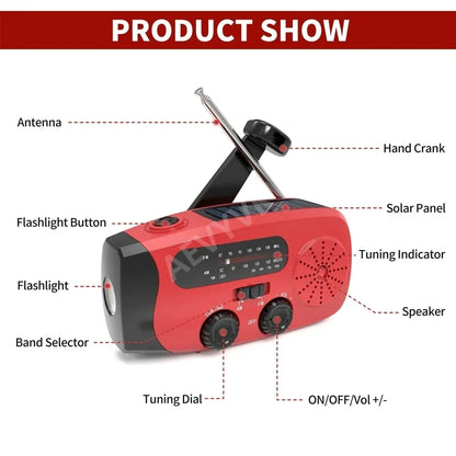 Radio solar de manivela, FM/AM/WB, NOAA, batería externa de 2000 mAh y linterna LED