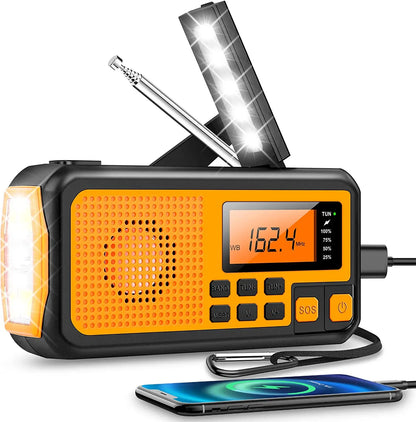 Radio de emergencia: AM/FM, solar, manivela, USB, linterna, SOS
