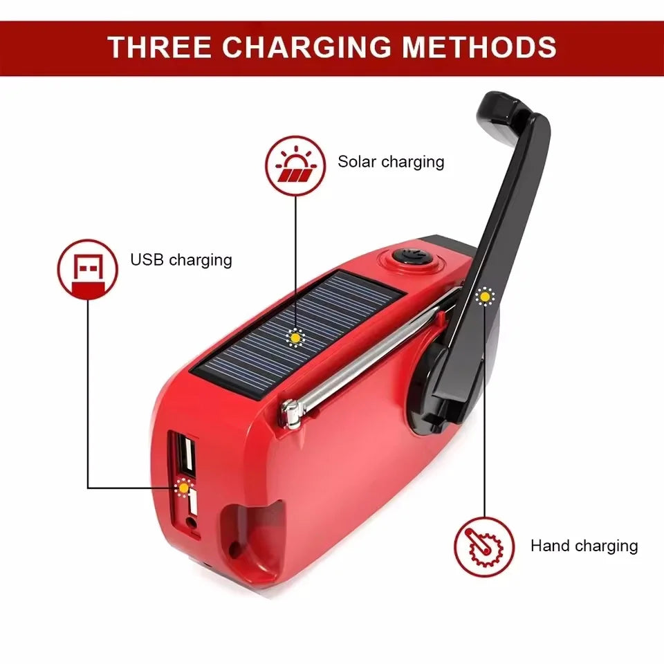 Radio solar de manivela, FM/AM/WB, NOAA, batería externa de 2000 mAh y linterna LED