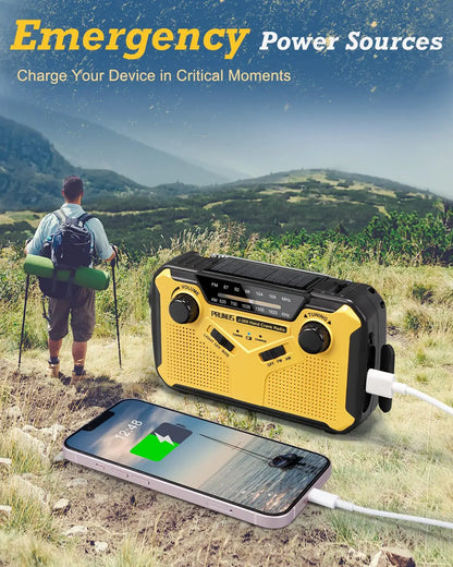 Radio de emergencia: AM/FM, solar, manivela, USB, linterna, SOS