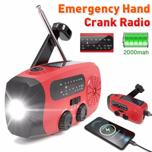 Radio solar de manivela, FM/AM/WB, NOAA, batería externa de 2000 mAh y linterna LED
