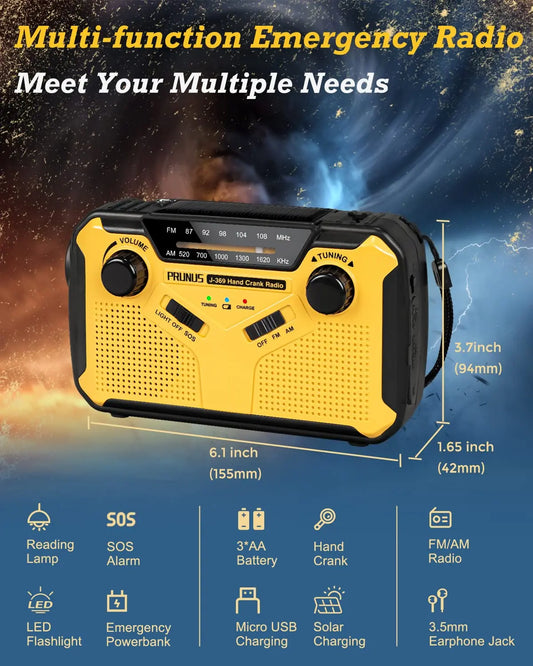 Radio de emergencia: AM/FM, solar, manivela, USB, linterna, SOS