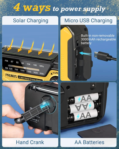 Radio de emergencia: AM/FM, solar, manivela, USB, linterna, SOS