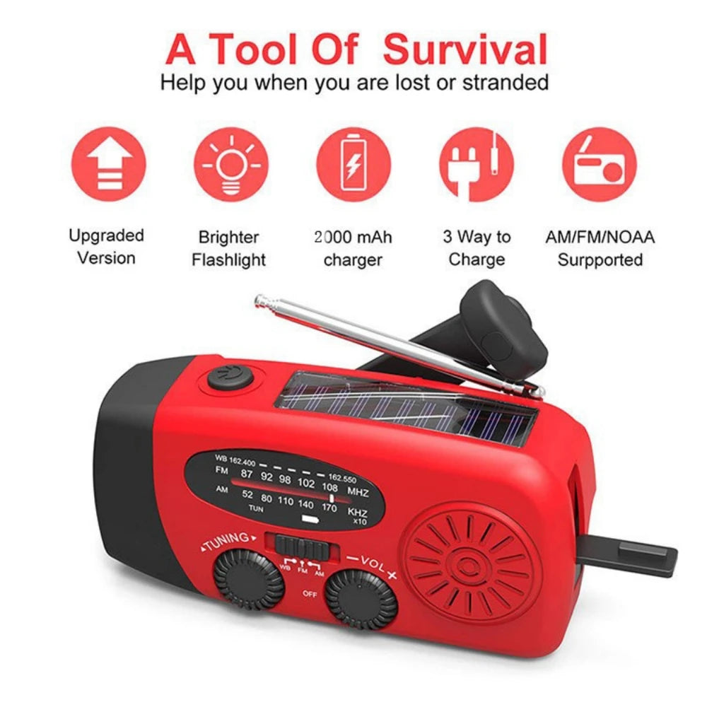 Radio solar de manivela, FM/AM/WB, NOAA, batería externa de 2000 mAh y linterna LED