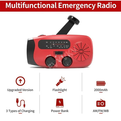 Radio solar de manivela, FM/AM/WB, NOAA, batería externa de 2000 mAh y linterna LED